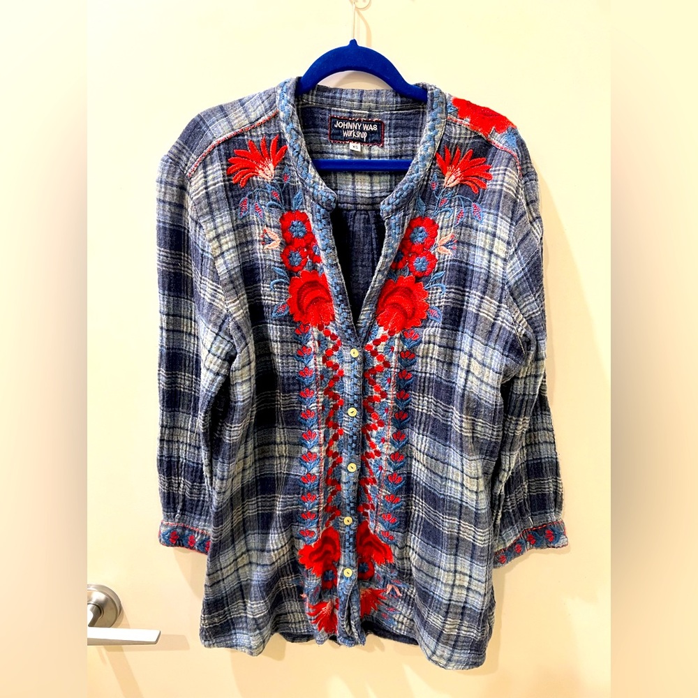 Johnny Was Workshop Blue Plaid Embroidered Button Shirt - Size XS